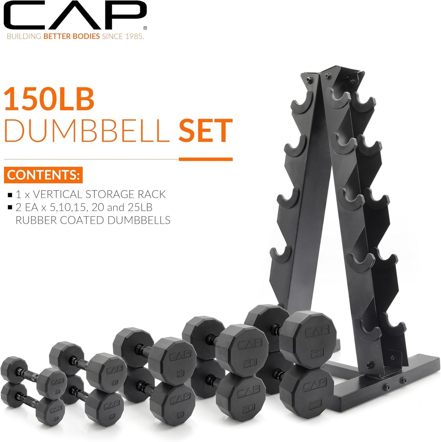 CAP Barbell Rubber Coated Dumbbell Weight Set with Vertical Rack | 100 lb, 150 lb, and 210 lb Options