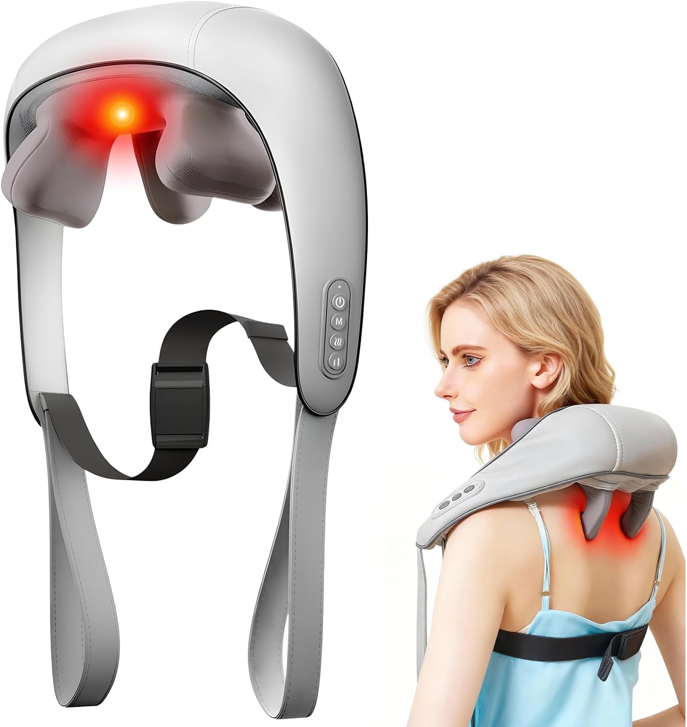 Professional Neck and Shoulder Massager with Heat & 6 Heads, 3-Speed Hands-Free Deep Tissue Percussion Massage Gun for Pain Relief