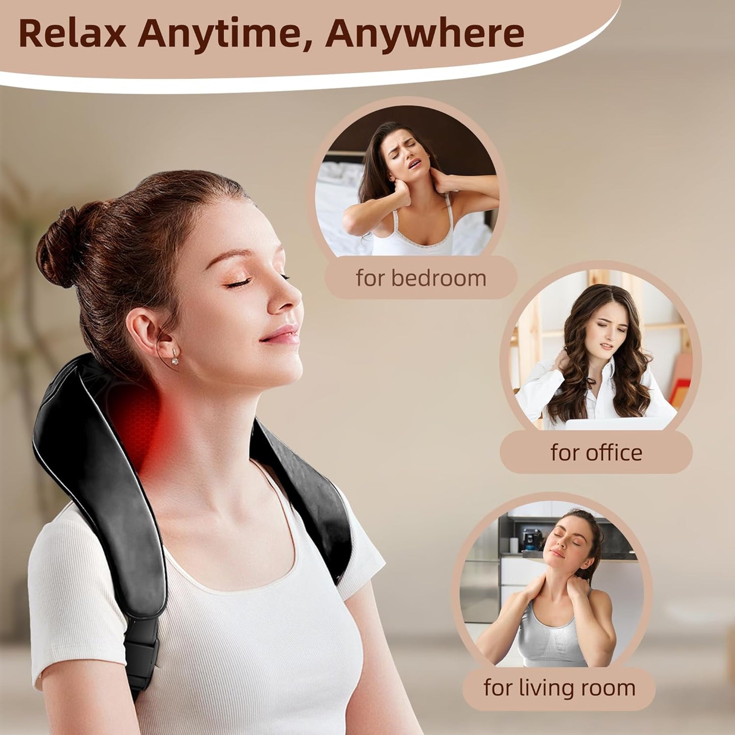 iBooMas Neck Massager with Heat, 4D Shiatsu Deep Tissue Back and Shoulder Massager, 2 Modes 3 Intensity for Muscle Relaxation, Hands-Free Design, Best Gifts for Women Men (Black)