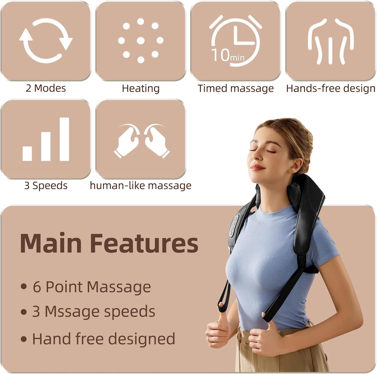 iBooMas Neck Massager with Heat, 4D Shiatsu Deep Tissue Back and Shoulder Massager, 2 Modes 3 Intensity for Muscle Relaxation, Hands-Free Design, Best Gifts for Women Men (Black)