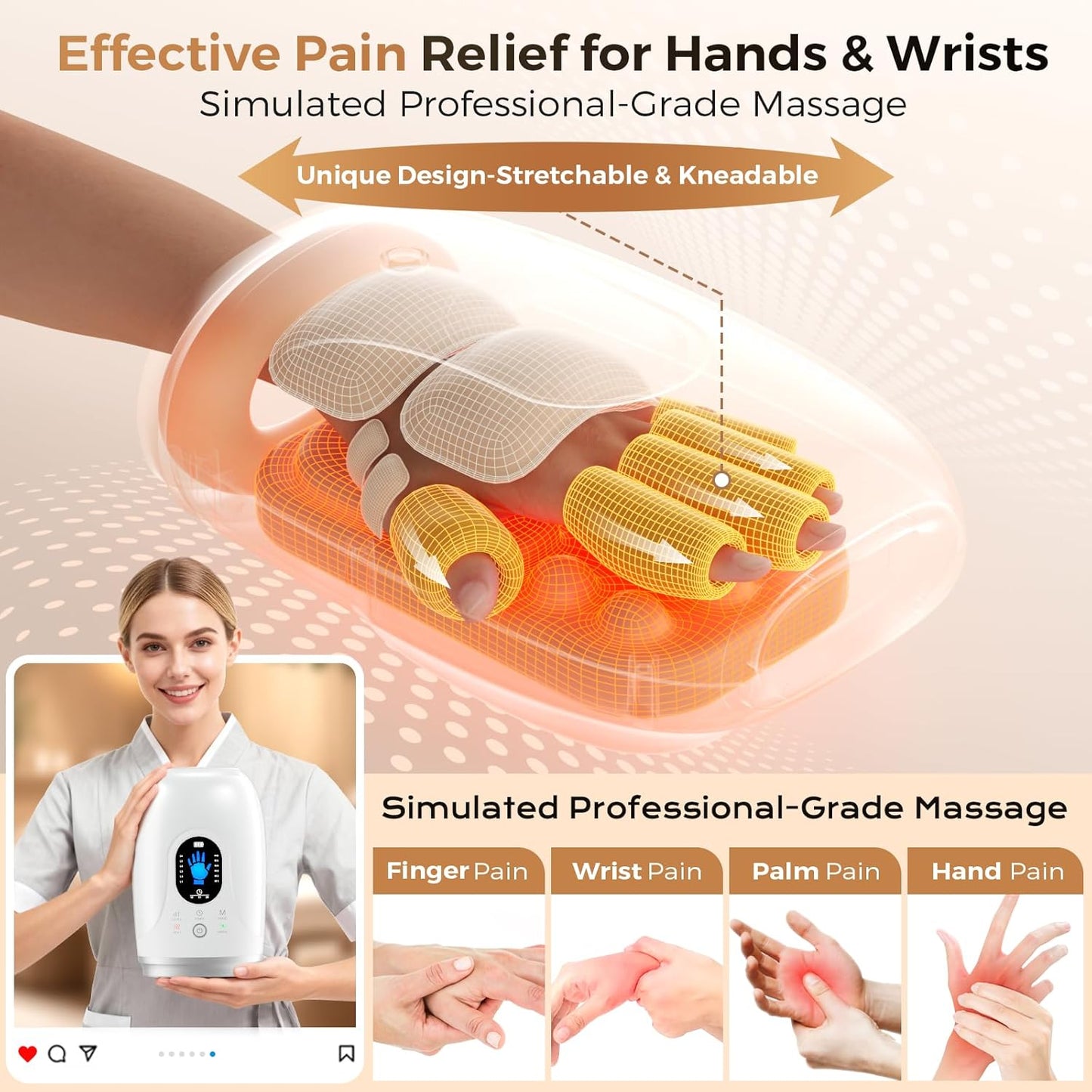 Hand Massager with Heat and Compression, 4000mAh Rechargeable Battery Soothing Kneading & Stretching, Palm, Finger & Wrist Massage, 6 Modes & 6 Intensities, Gifts for Women Men Relaxation at Office