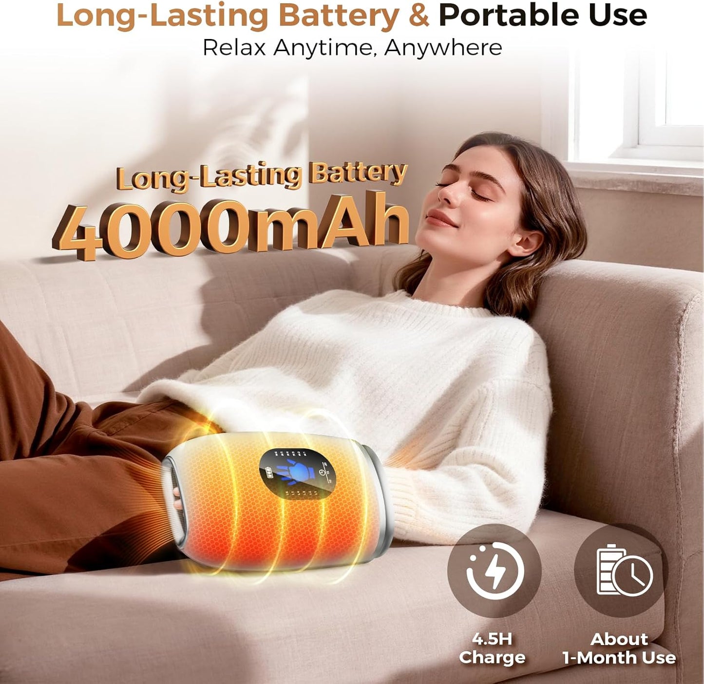 Hand Massager with Heat and Compression, 4000mAh Rechargeable Battery Soothing Kneading & Stretching, Palm, Finger & Wrist Massage, 6 Modes & 6 Intensities, Gifts for Women Men Relaxation at Office