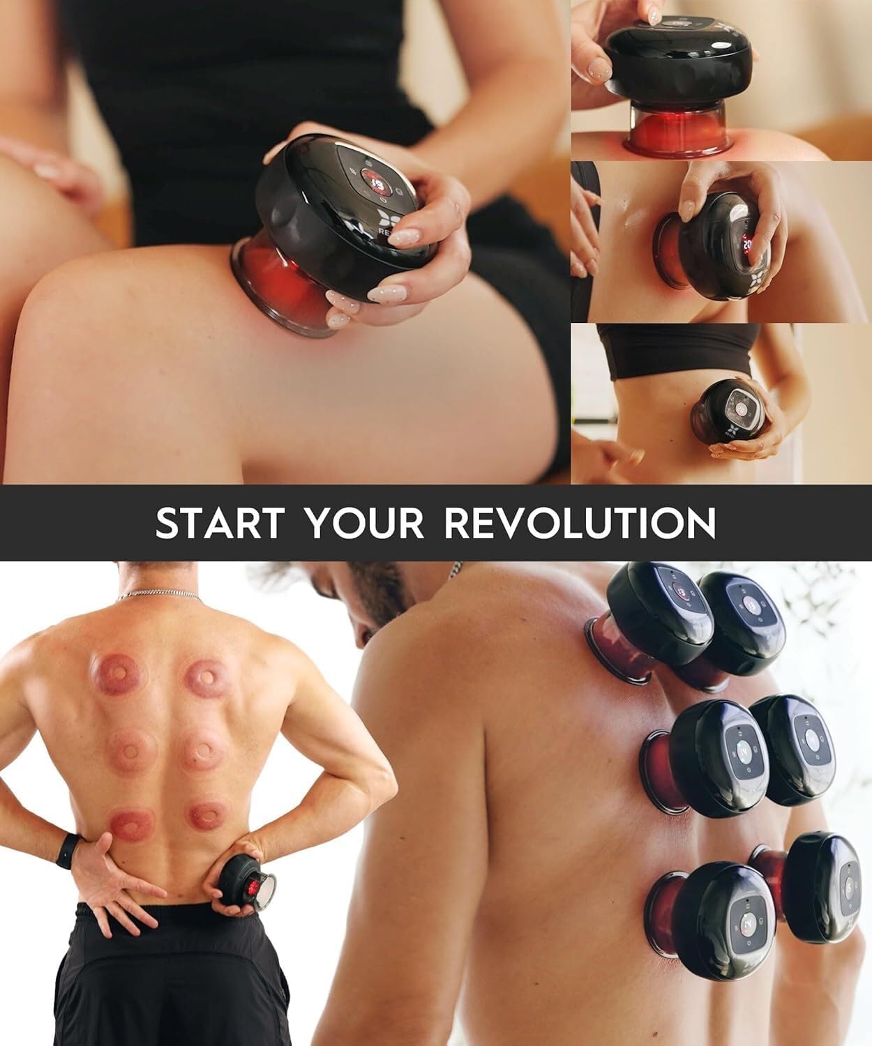 REVO The Original 4-in-1 Smart Cupping Therapy Massager, Red Light Therapy for Targeted Pain Relief, Knots, Aches, Muscle Soreness, Circulation & Tighter Skin, Portable Cupping Kit