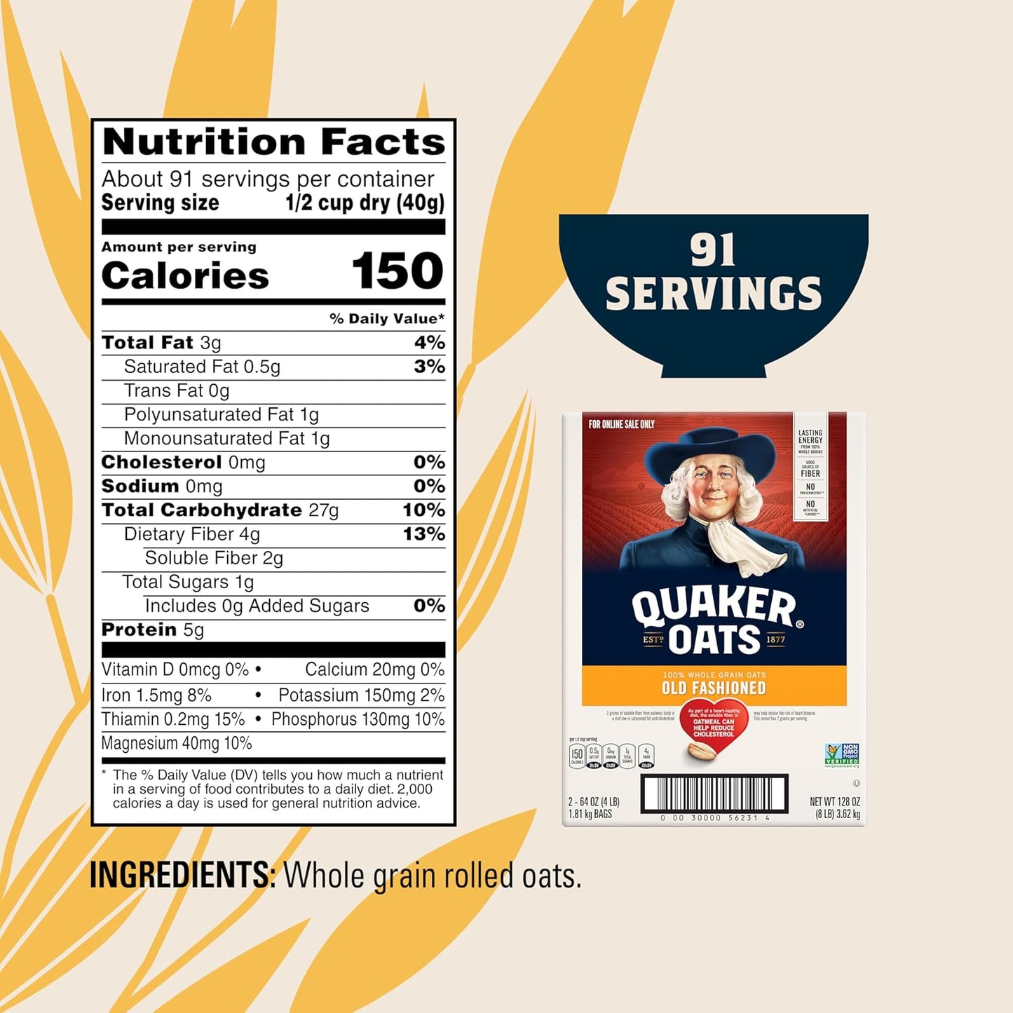 Quaker Old Fashioned Rolled Oats, Non GMO Project Verified, Two 64oz Bags in Box, 90 Servings, 4 Pound (Pack of 2)