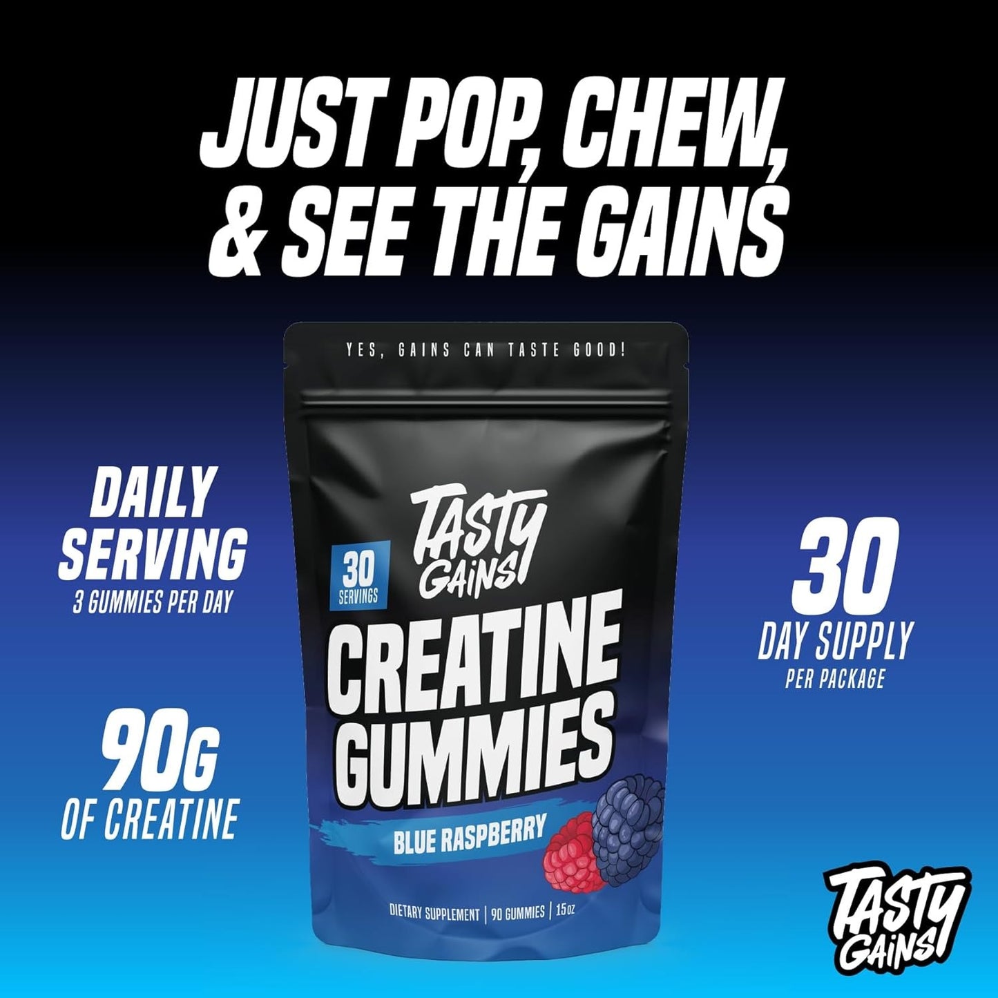 TASTY GAINS Creatine Gummies - 90g of Creatine Monohydrate - Workout Supplements - Build Muscle & Boost Strength for Men & Women - Made in USA - Non GMO - Vegan Friendly (Large, Blue Raspberry)