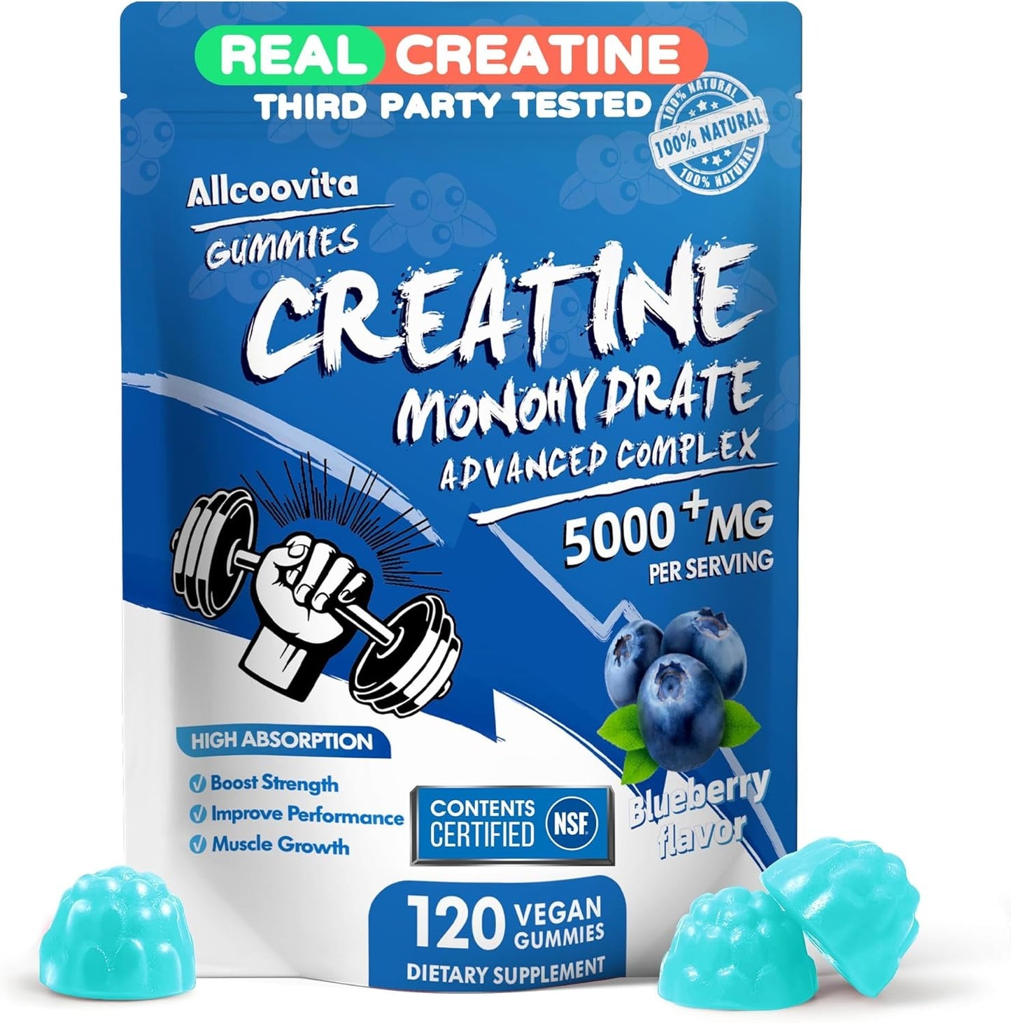 NSF Certified Creatine Gummy - Creatine Monohydrate Gummies 5000mg for Men & Women -120 Gummies Advanced Formula, Muscle Strength, Muscle Builder, Energy Boost, Pre-Workout Supplement-Blueberry