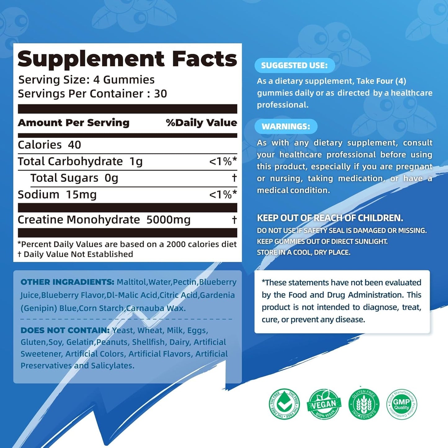 NSF Certified Creatine Gummy - Creatine Monohydrate Gummies 5000mg for Men & Women -120 Gummies Advanced Formula, Muscle Strength, Muscle Builder, Energy Boost, Pre-Workout Supplement-Blueberry