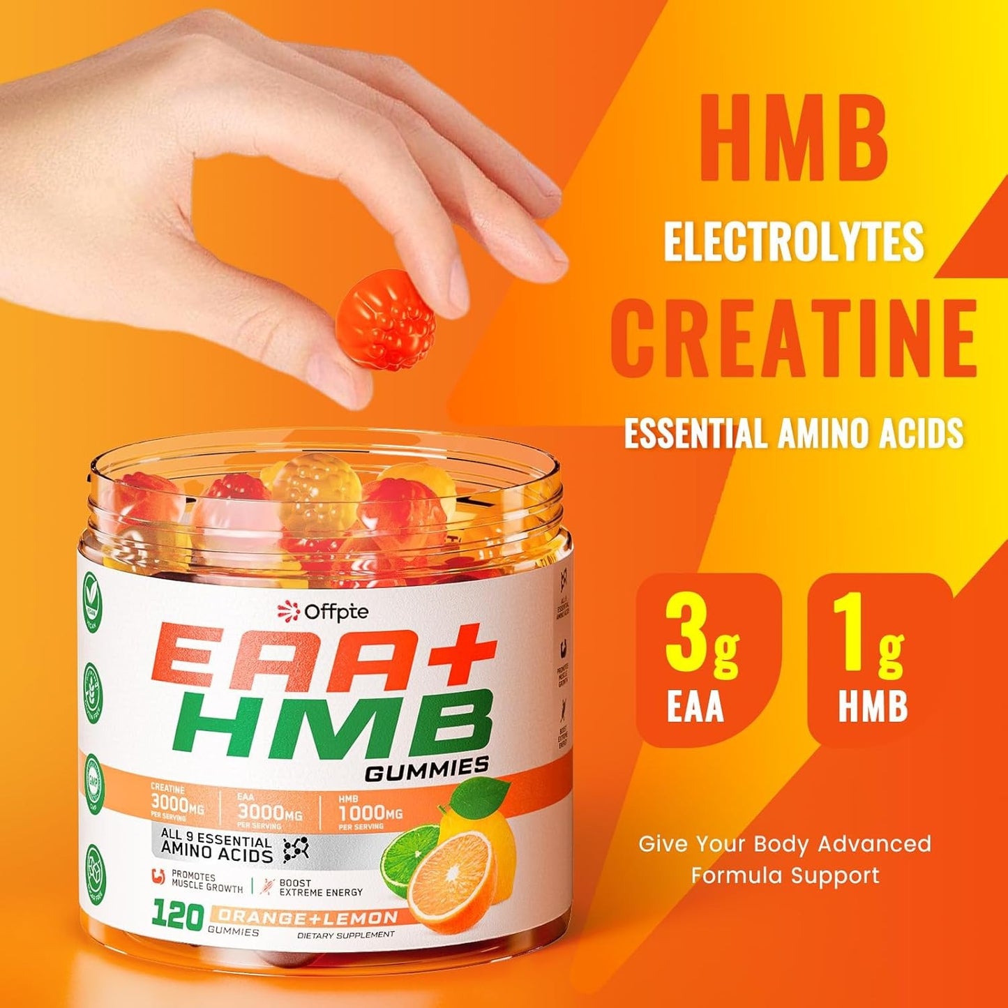 EAA Gummies for Men Women, 120 Ct Essential Aminos Acids (EAA)Supplements and All Branched-Chain Aminos (BCAAs)with HMB,Creatine Monohydrate,Electrolytes for Muscle Relief & Growth,Orange-Lemon
