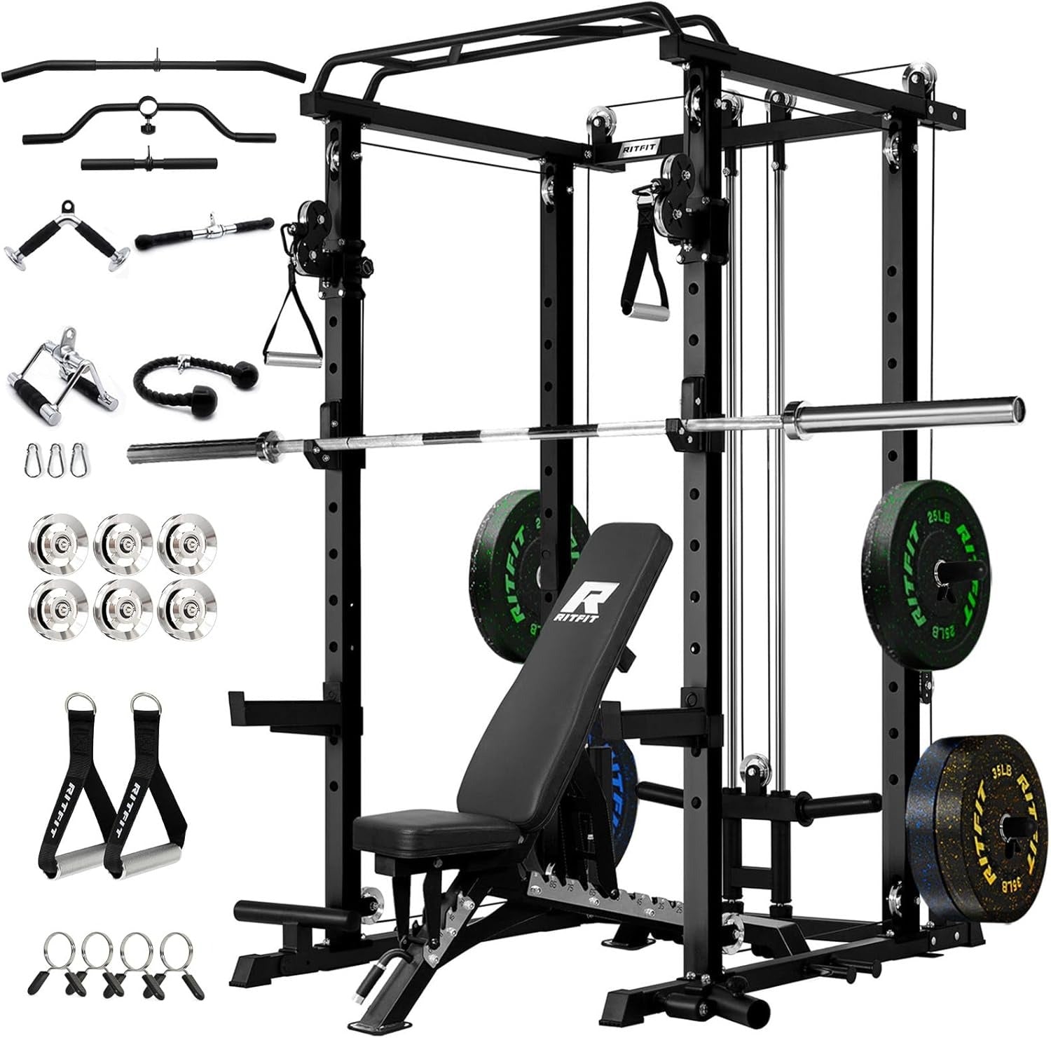 RitFit PPC-P3 Power Cage with Optional LAT PullDown/Cable Crossover, 1200LB Squat Rack for Home & Garage Gym, with Weight Storage Rack and More Training Attachments, ASTM-Certified