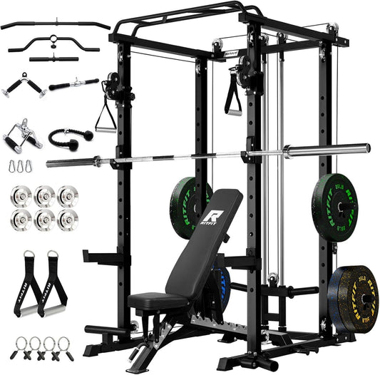 RitFit PPC-P3 Power Cage with Optional LAT PullDown/Cable Crossover, 1200LB Squat Rack for Home & Garage Gym, with Weight Storage Rack and More Training Attachments, ASTM-Certified