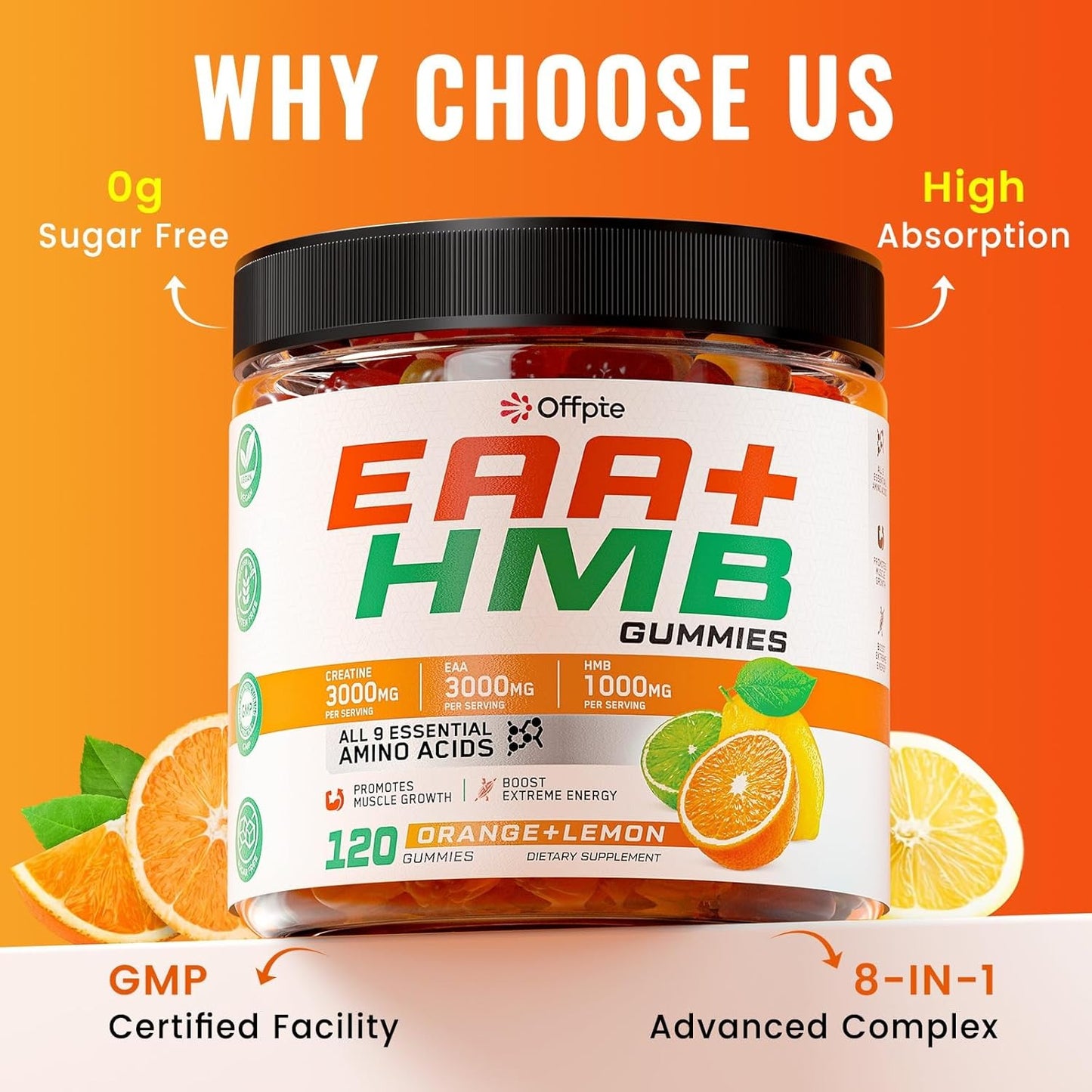 EAA Gummies for Men Women, 120 Ct Essential Aminos Acids (EAA)Supplements and All Branched-Chain Aminos (BCAAs)with HMB,Creatine Monohydrate,Electrolytes for Muscle Relief & Growth,Orange-Lemon