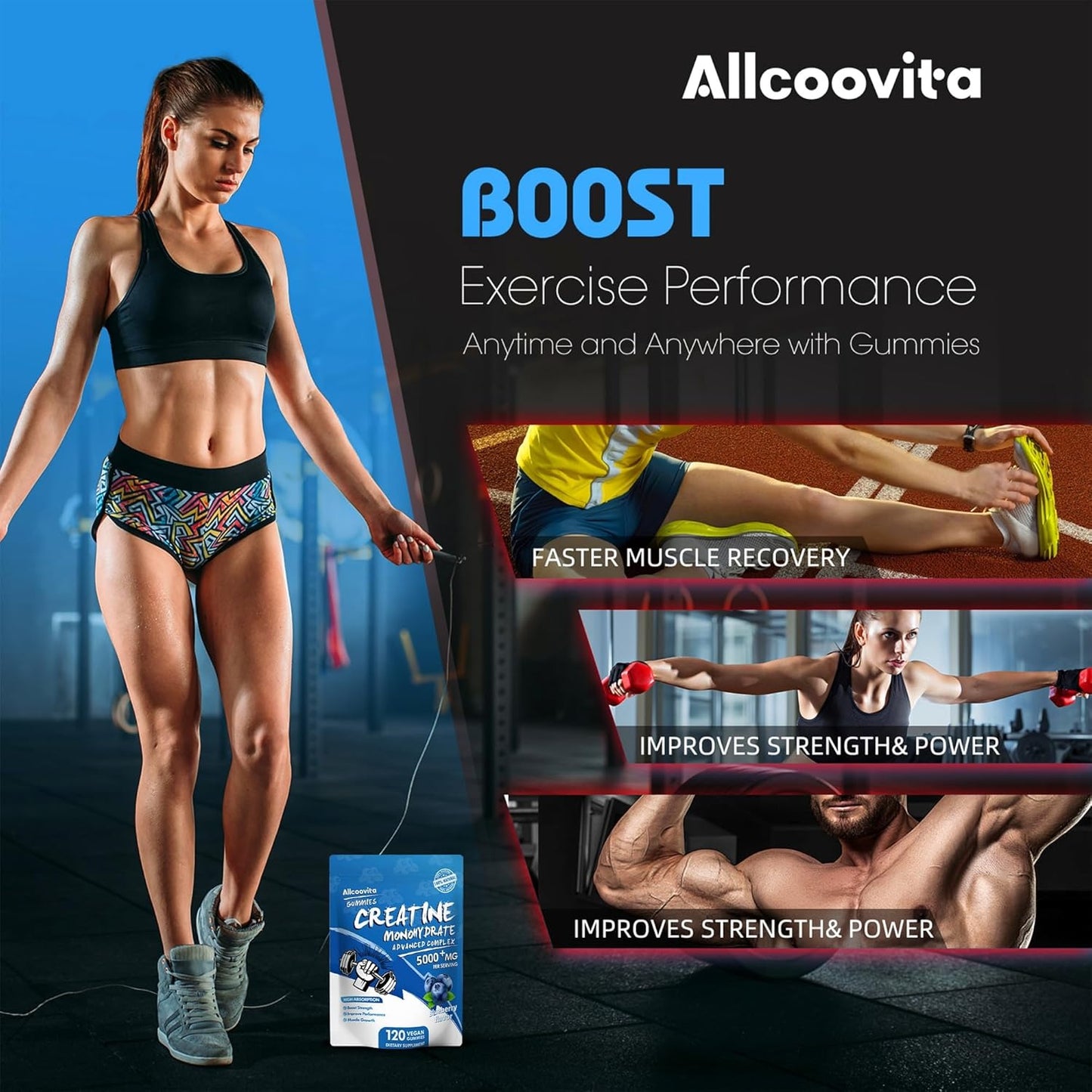 NSF Certified Creatine Gummy - Creatine Monohydrate Gummies 5000mg for Men & Women -120 Gummies Advanced Formula, Muscle Strength, Muscle Builder, Energy Boost, Pre-Workout Supplement-Blueberry