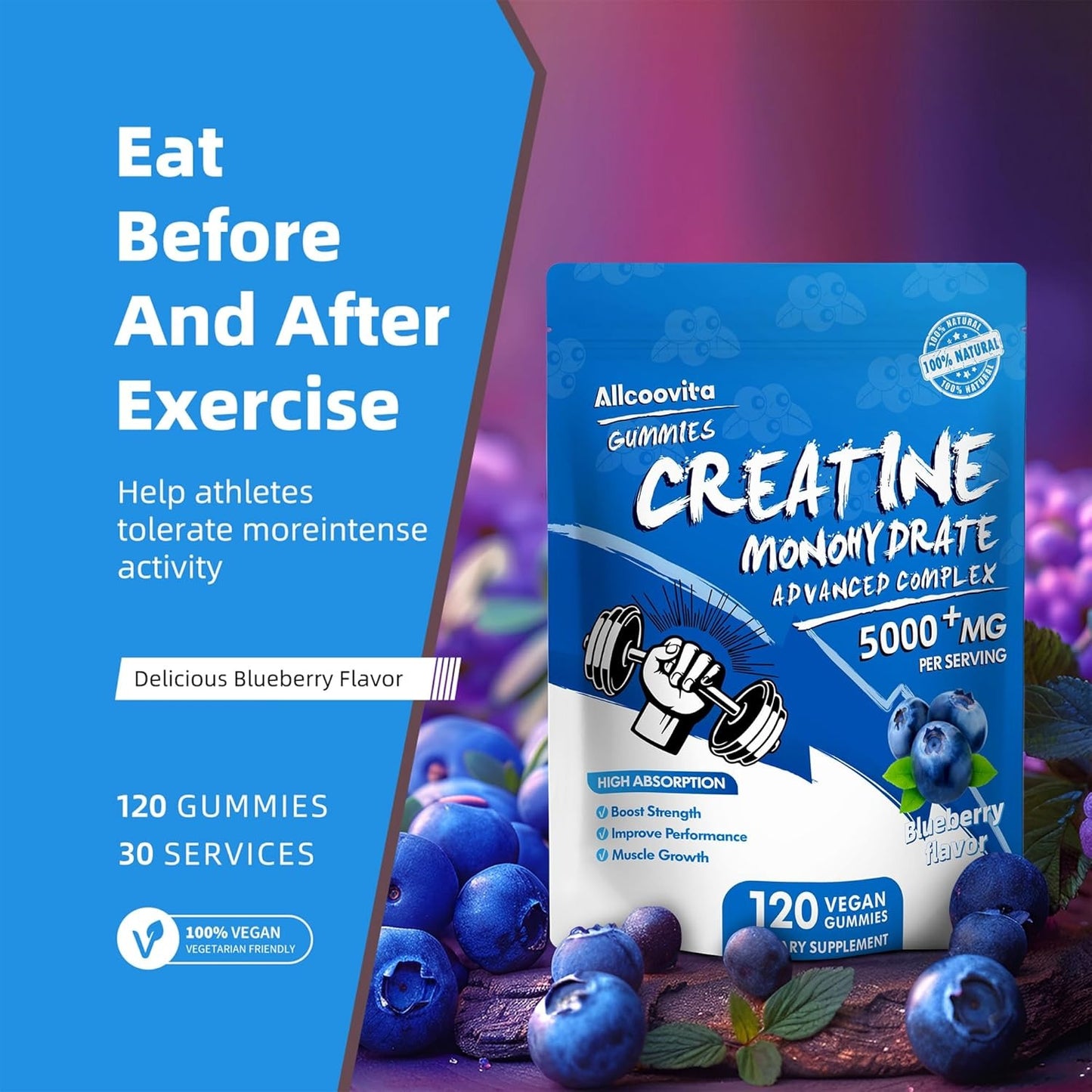 NSF Certified Creatine Gummy - Creatine Monohydrate Gummies 5000mg for Men & Women -120 Gummies Advanced Formula, Muscle Strength, Muscle Builder, Energy Boost, Pre-Workout Supplement-Blueberry