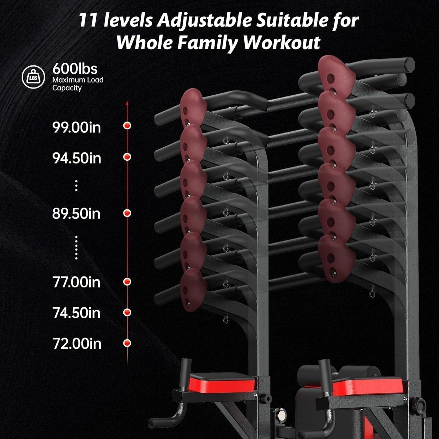 Pooboo Power Tower Dip Station Pull Up Bar for Fitness Home Gym Workout,Multi-Function Adjustable Height Fitness Strength Training Exercise Equipment,with Power Elastic Ropes