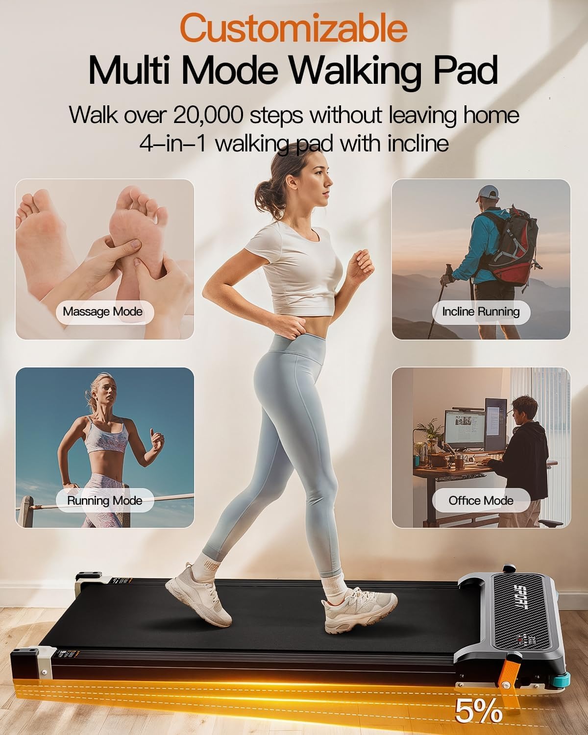 FUNRAY Versatile Walking Pad Treadmill with Incline - Dual-Sided Under Desk Treadmill with Foot Massage,2 in 1 Walking Machine for Home/Office with 330LBS Weight Capacity