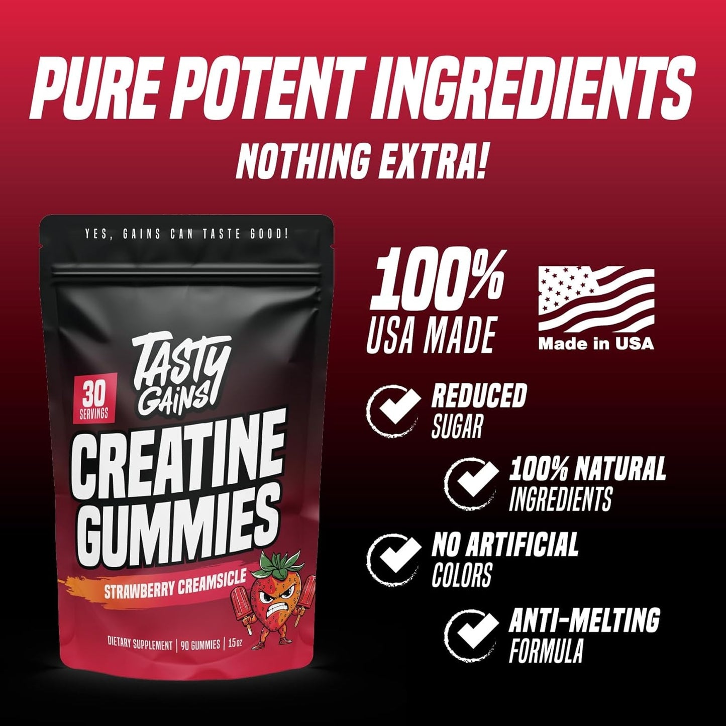 TASTY GAINS Creatine Gummies - 90g of Creatine Monohydrate - Workout Supplements - Build Muscle & Boost Strength for Men & Women - Made in USA - Non GMO - Vegan Friendly (Large, Blue Raspberry)