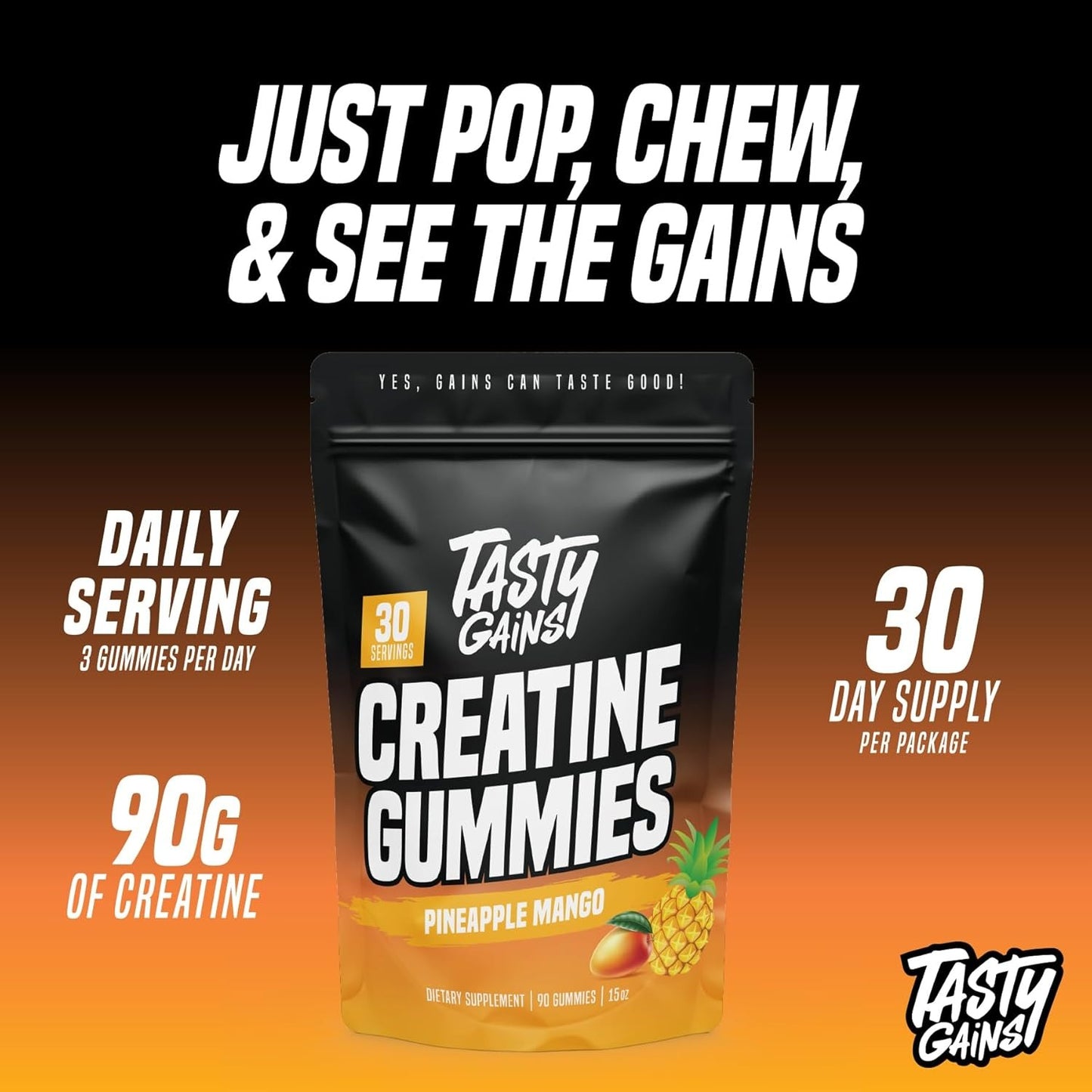 TASTY GAINS Creatine Gummies - 90g of Creatine Monohydrate - Workout Supplements - Build Muscle & Boost Strength for Men & Women - Made in USA - Non GMO - Vegan Friendly (Large, Blue Raspberry)