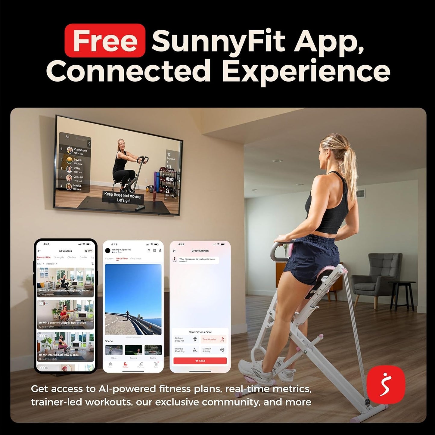 Sunny Health & Fitness Smart Row-N-Ride Glute & Leg Trainer, Foldable Squat Assist Rower with Exclusive SunnyFit App Connection