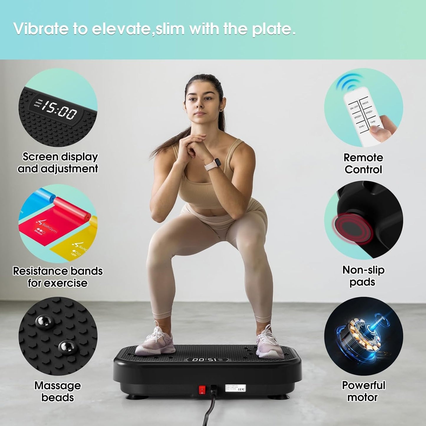 SoftGym Vibration Plate Exercise Machine for Lymphatic Drainage,Power Vibrate Stand Shake Board 450 Lbs Capacity Whole Body Workout Waver with Fitness Resistance Bands Weight Loss Gifts for Women Men