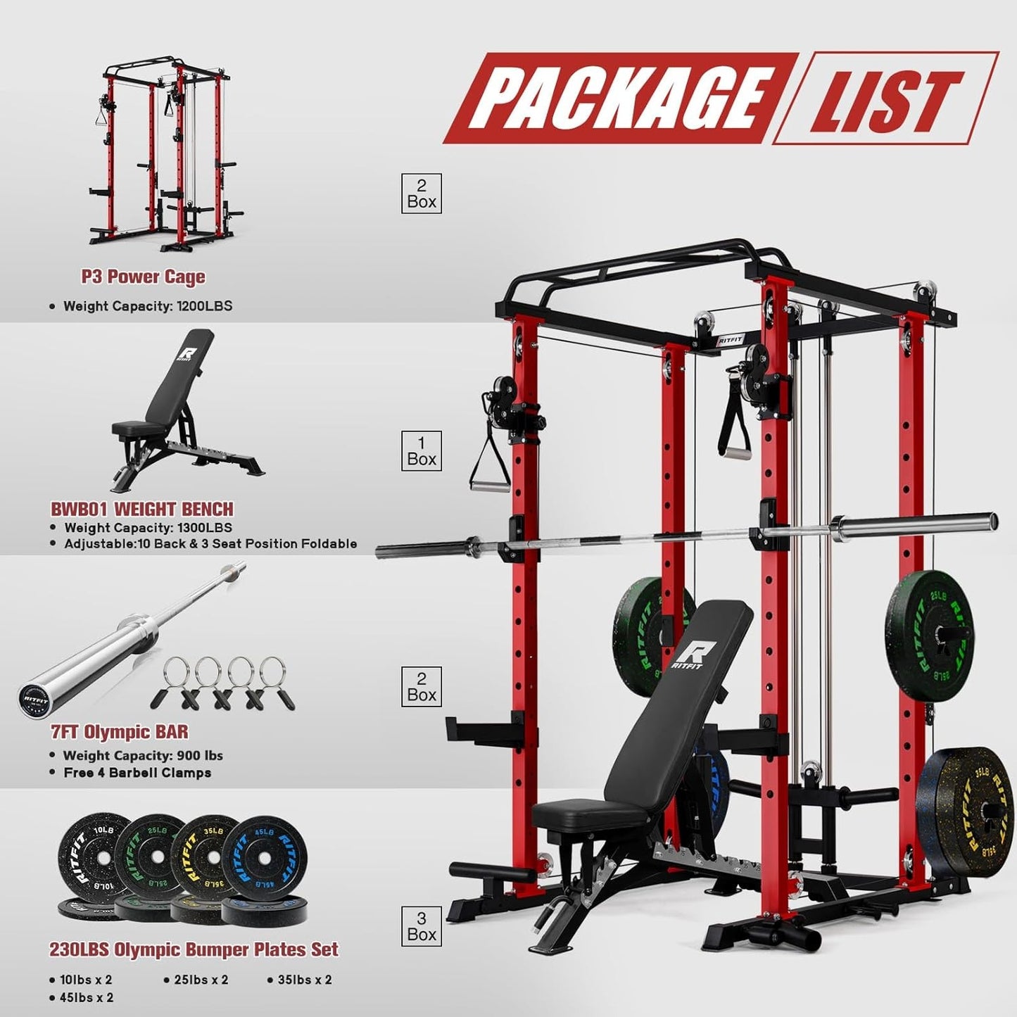 RitFit PPC-P3 Power Cage with Optional LAT PullDown/Cable Crossover, 1200LB Squat Rack for Home & Garage Gym, with Weight Storage Rack and More Training Attachments, ASTM-Certified