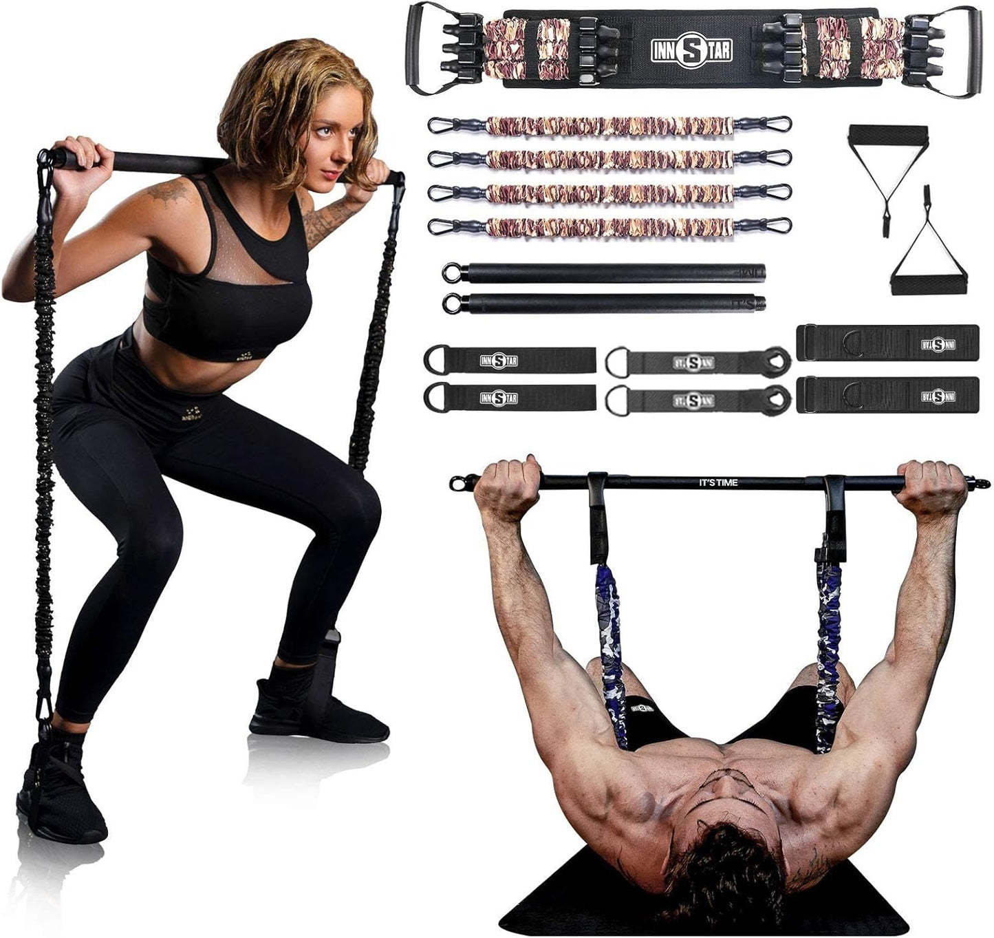 INNSTAR Resistance Bands Bar Exercise Bands Attachment 38" Black Max Load 800lb for Home Gym Workout Full Body Workout Power Lifting Fitness Bar
