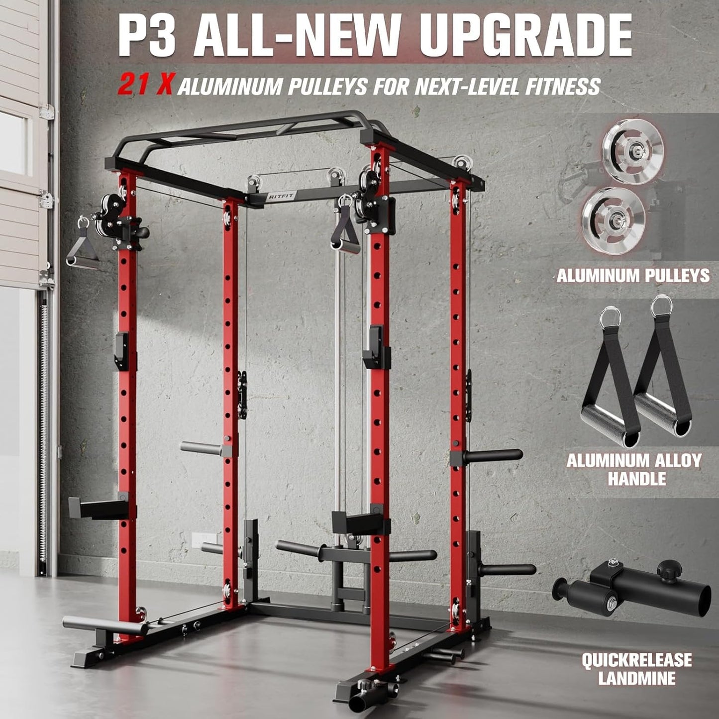 RitFit PPC-P3 Power Cage with Optional LAT PullDown/Cable Crossover, 1200LB Squat Rack for Home & Garage Gym, with Weight Storage Rack and More Training Attachments, ASTM-Certified