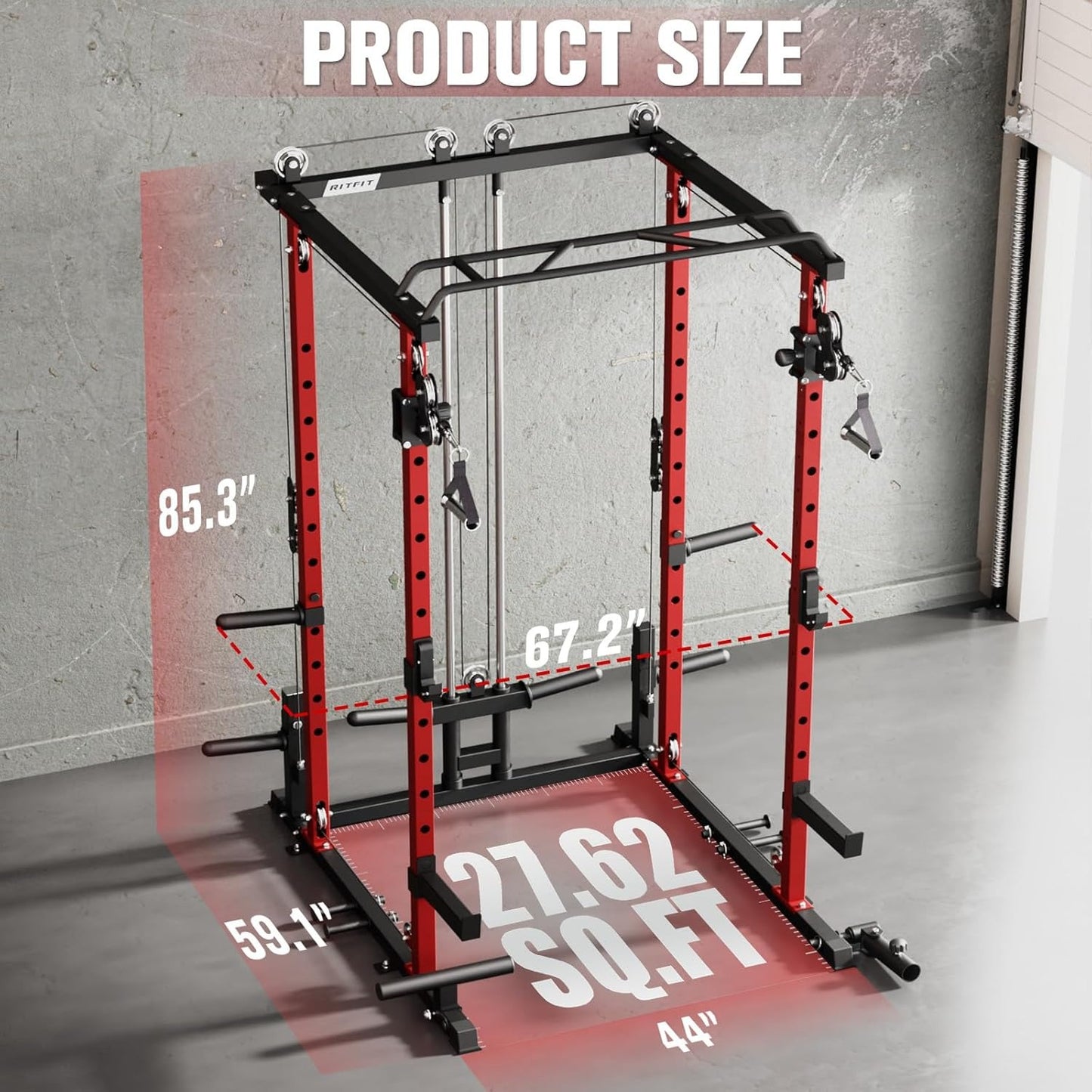 RitFit PPC-P3 Power Cage with Optional LAT PullDown/Cable Crossover, 1200LB Squat Rack for Home & Garage Gym, with Weight Storage Rack and More Training Attachments, ASTM-Certified