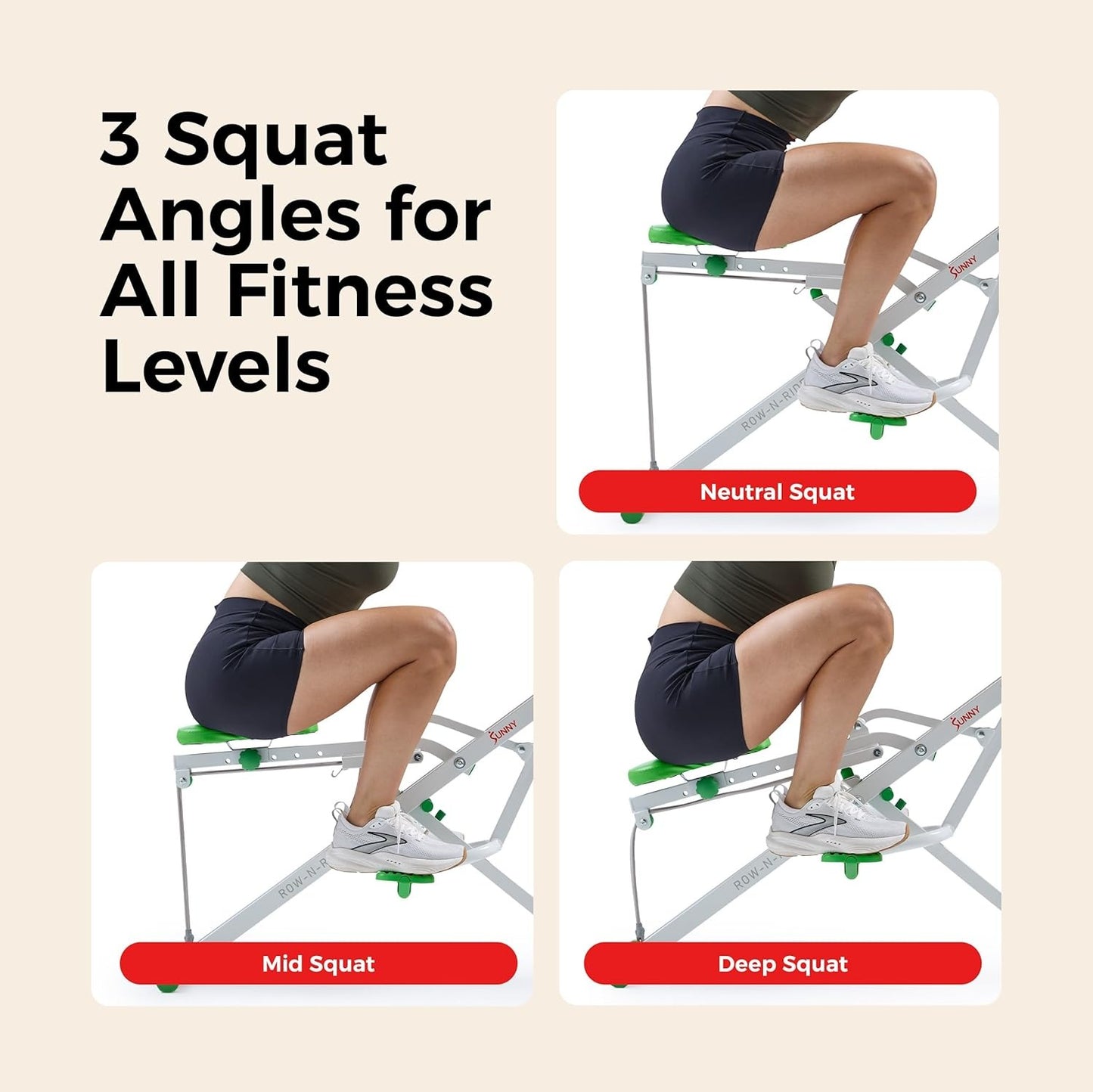 Sunny Health & Fitness Smart Row-N-Ride Glute & Leg Trainer, Foldable Squat Assist Rower with Exclusive SunnyFit App Connection