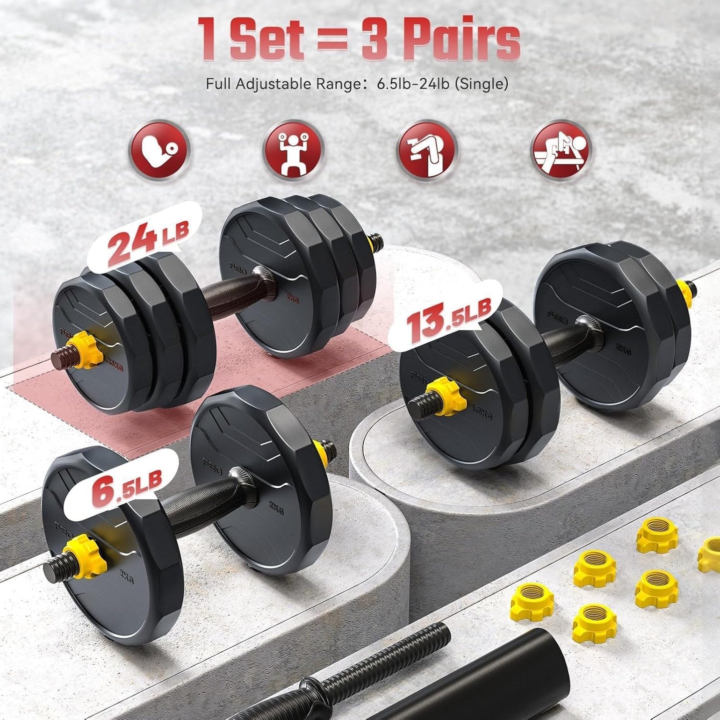 FEIERDUN Adjustable Dumbbells, 20/30/40/45/70/90lbs Free Weight Set with Connector, 5 in1 Dumbbells Set Used as Barbell, Kettlebells, Push up Stand, Weight Plate, Fitness Exercises for Home Gym Suitable Men/Women