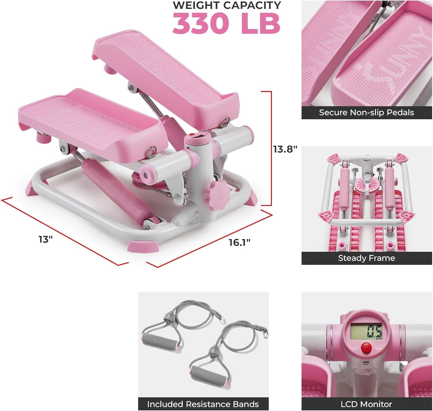 Sunny Health & Fitness Mini Stepper for Exercise at Home, Stair Step Workout Machine with Resistance Band and Over 300lb Weight Capacity, Optional Twist Motion and Free SunnyFit App Connection