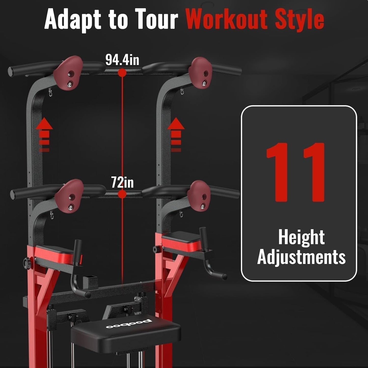 Pooboo Power Tower Dip Station Pull Up Bar for Fitness Home Gym Workout,Multi-Function Adjustable Height Fitness Strength Training Exercise Equipment,with Power Elastic Ropes