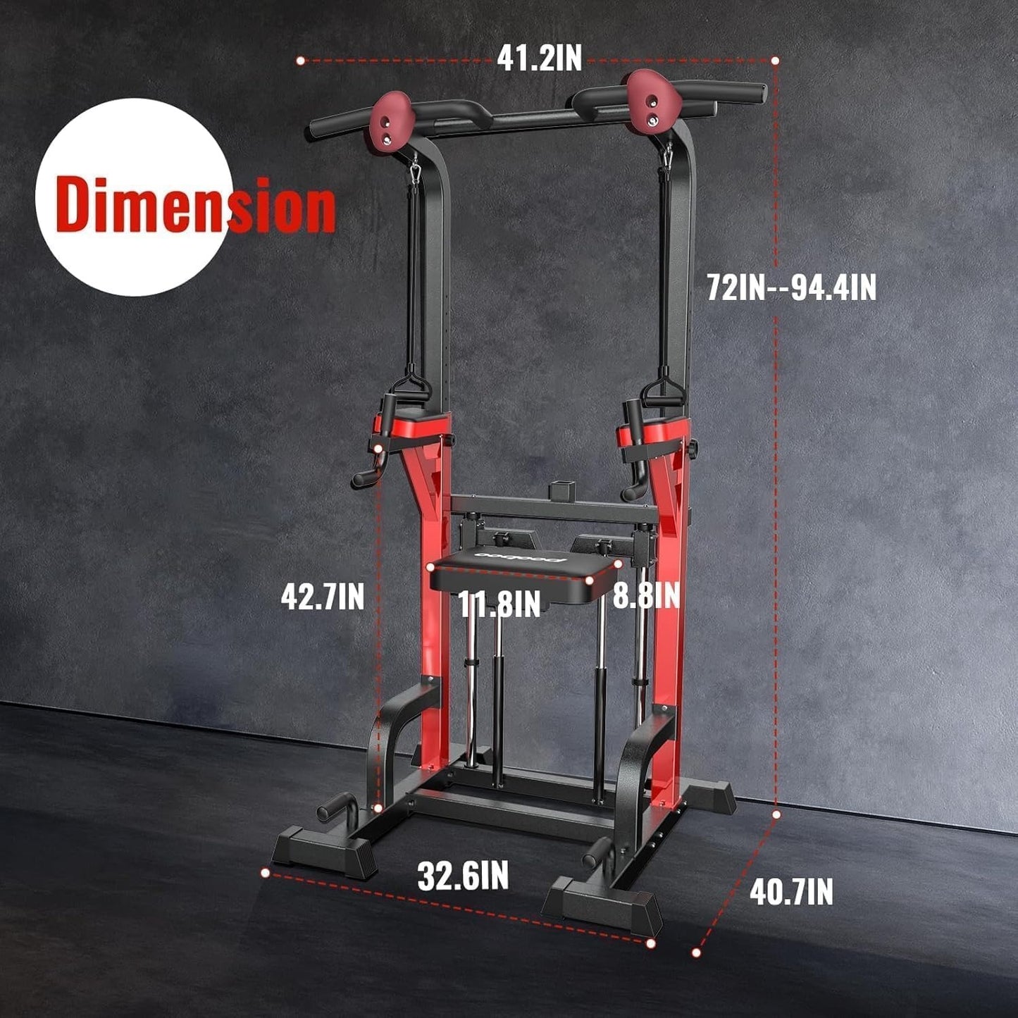 Pooboo Power Tower Dip Station Pull Up Bar for Fitness Home Gym Workout,Multi-Function Adjustable Height Fitness Strength Training Exercise Equipment,with Power Elastic Ropes