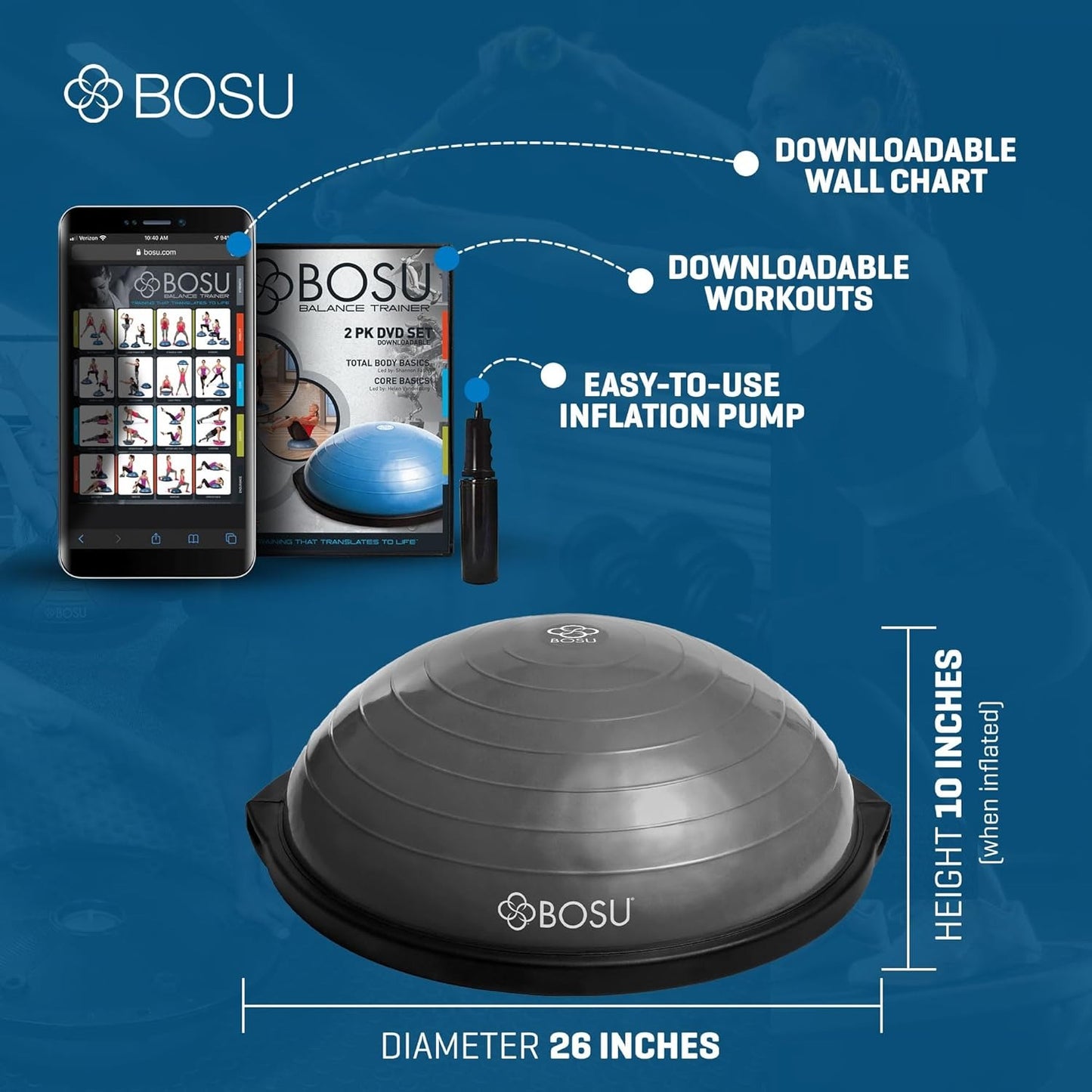 Bosu Pro Multi Functional Home Gym Full Body Balance Strength Trainer Ball Equipment with Guided Workouts and Pump