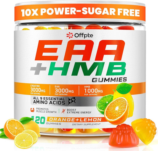 EAA Gummies for Men Women, 120 Ct Essential Aminos Acids (EAA)Supplements and All Branched-Chain Aminos (BCAAs)with HMB,Creatine Monohydrate,Electrolytes for Muscle Relief & Growth,Orange-Lemon