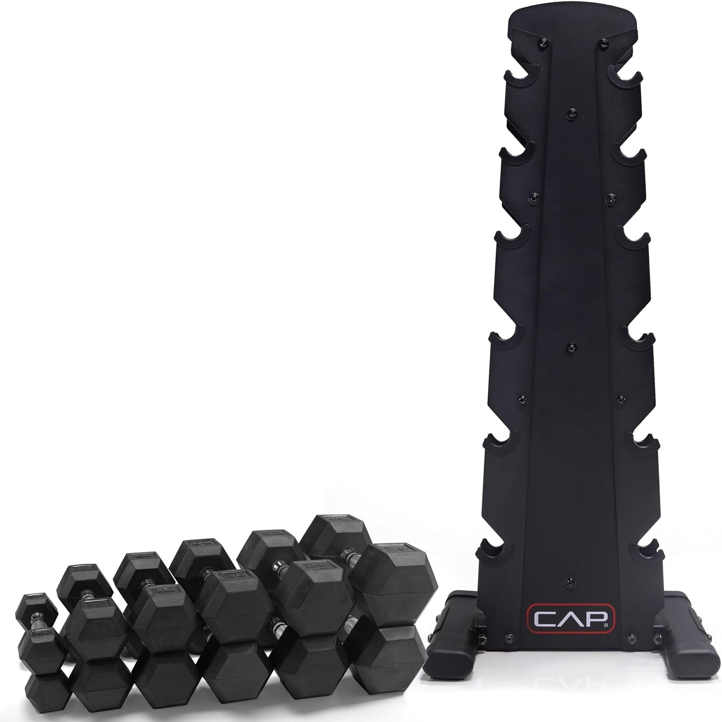 CAP Barbell Rubber Coated Dumbbell Weight Set with Vertical Rack | 100 lb, 150 lb, and 210 lb Options